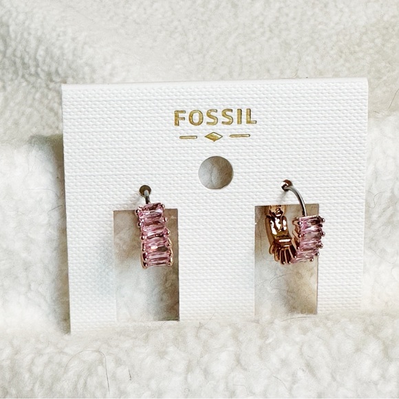 Fossil Gold Brass Tone Valentine Pink Cubic Zirconia Huggie Hoop Earrings, NWT - Picture 7 of 15